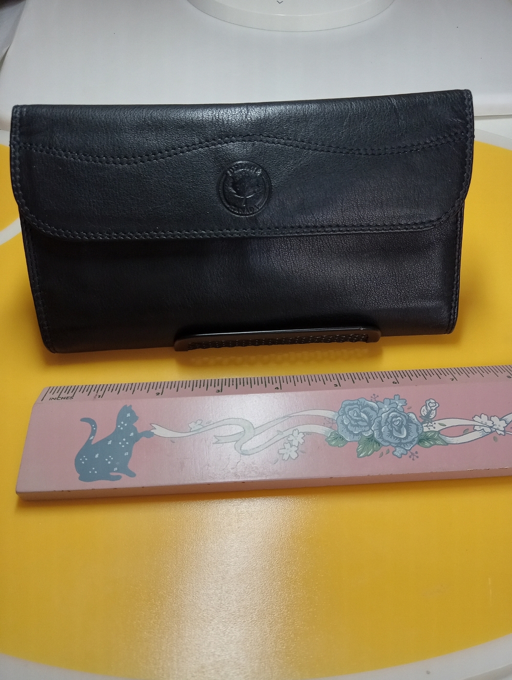 Black Leather Clutch Wallet with Embossed Logo
